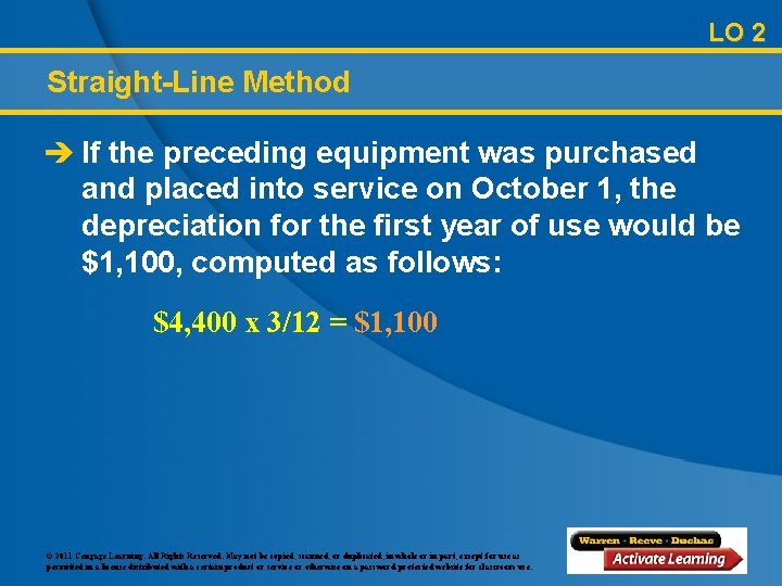 LO 2 Straight-Line Method è If the preceding equipment was purchased and placed into