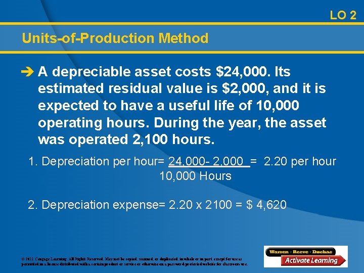 LO 2 Units-of-Production Method è A depreciable asset costs $24, 000. Its estimated residual