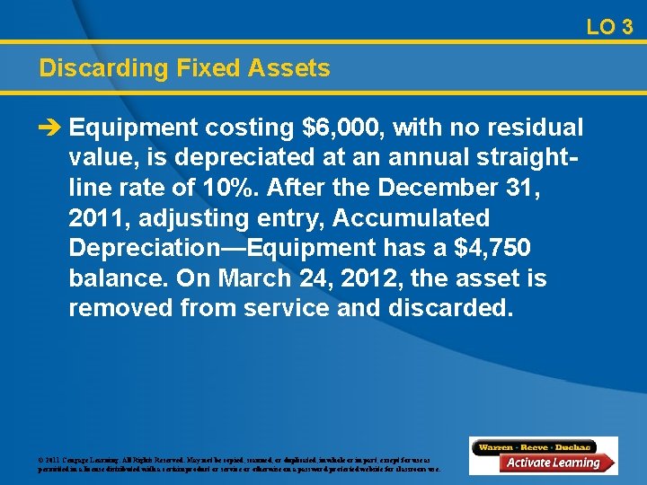 LO 3 Discarding Fixed Assets è Equipment costing $6, 000, with no residual value,