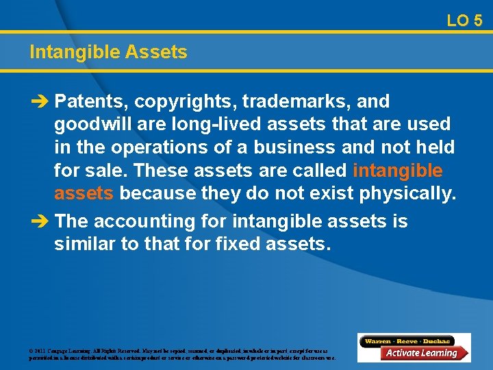 LO 5 Intangible Assets è Patents, copyrights, trademarks, and goodwill are long-lived assets that