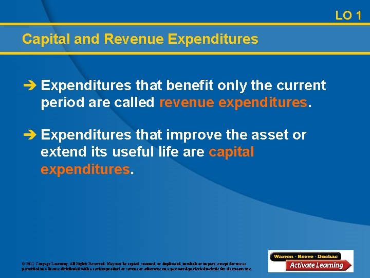 LO 1 Capital and Revenue Expenditures è Expenditures that benefit only the current period