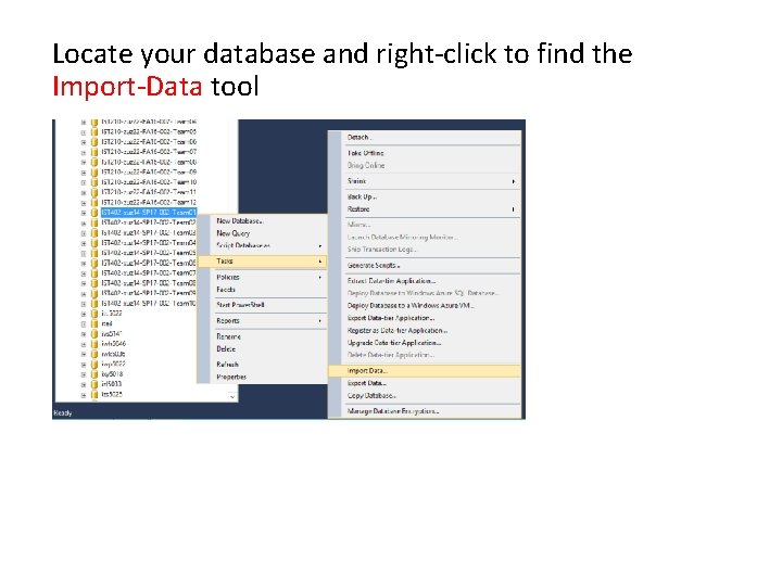 Locate your database and right-click to find the Import-Data tool 