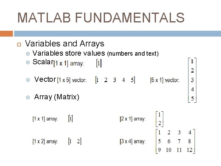 MATLAB FUNDAMENTALS Variables and Arrays Variables store values (numbers and text) Scalar Vector Array MATLAB FUNDAMENTALS Variables and Arrays Variables store values (numbers and text) Scalar Vector Array