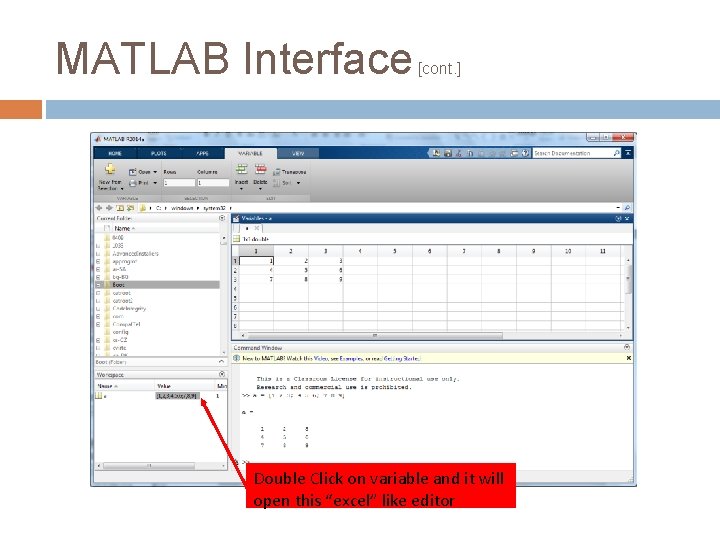 MATLAB Interface [cont. ] Double Click on variable and it will open this “excel”