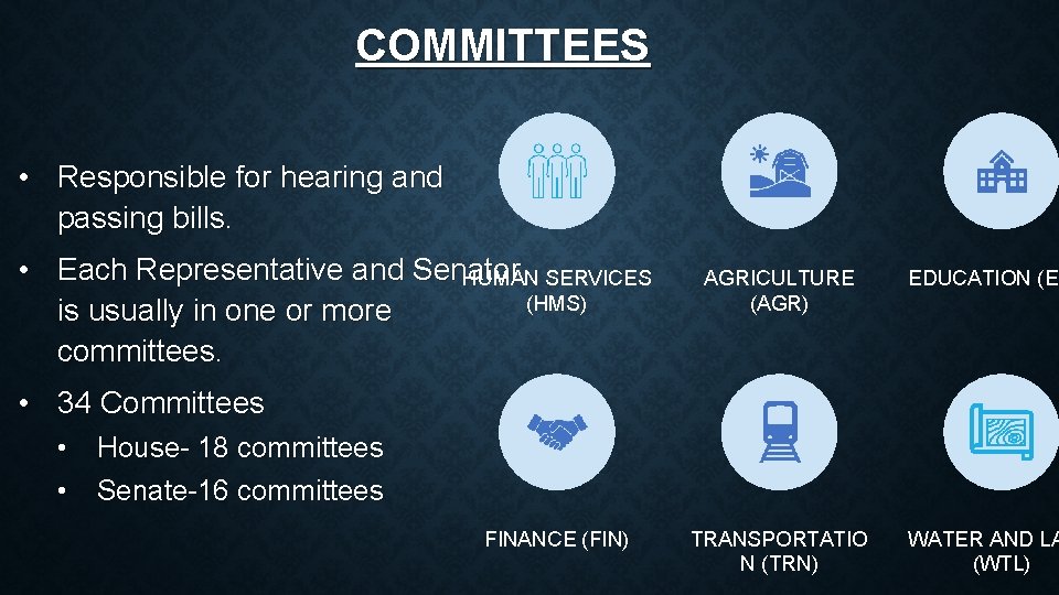 COMMITTEES • Responsible for hearing and passing bills. • Each Representative and Senator HUMAN