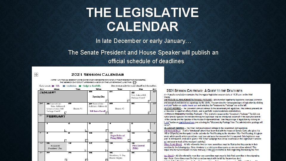 THE LEGISLATIVE CALENDAR In late December or early January… The Senate President and House