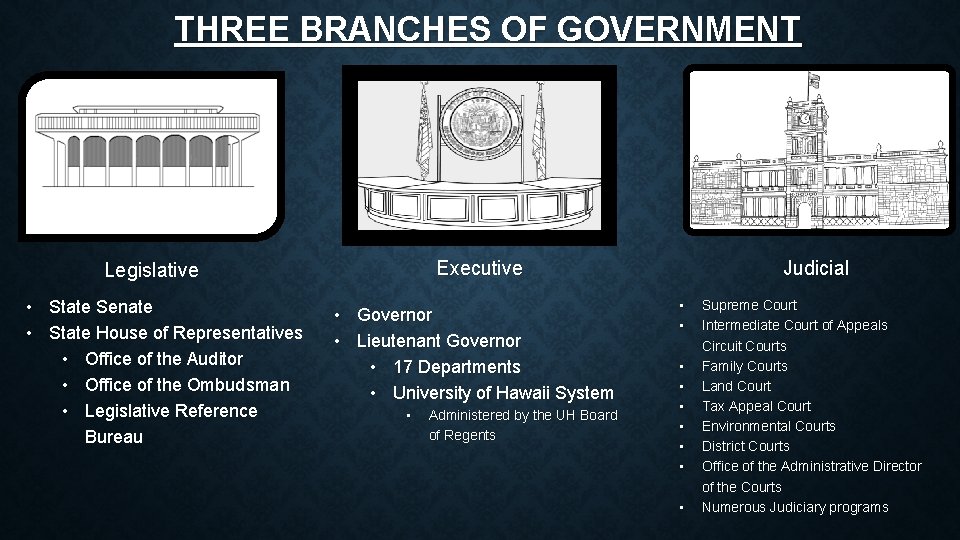 THREE BRANCHES OF GOVERNMENT Executive Legislative • State Senate • State House of Representatives