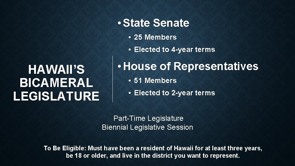 • State Senate • 25 Members • Elected to 4 -year terms HAWAII’S