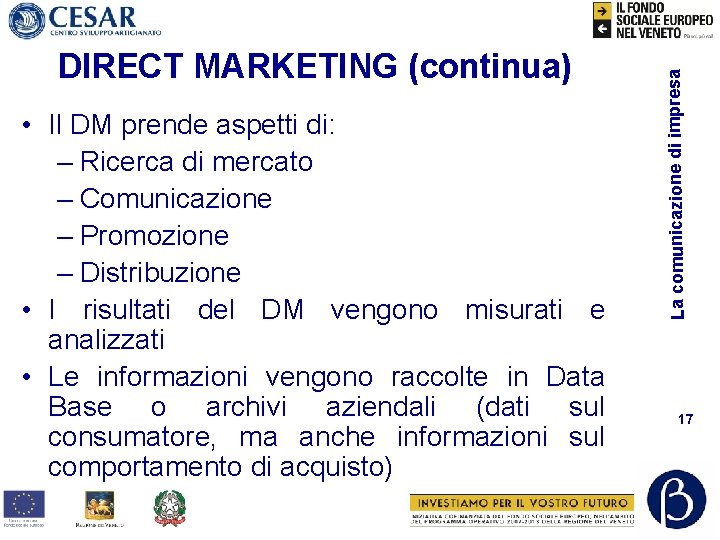  • Il DM prende aspetti di: – Ricerca di mercato – Comunicazione –