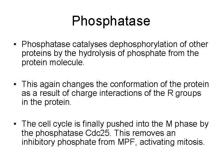 Phosphatase • Phosphatase catalyses dephosphorylation of other proteins by the hydrolysis of phosphate from