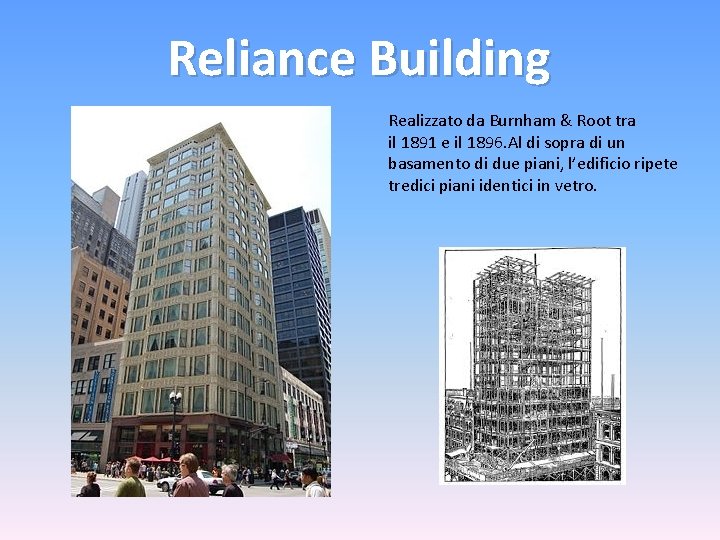 Reliance Building Realizzato da Burnham & Root tra il 1891 e il 1896. Al