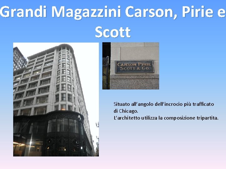 Grandi Magazzini Carson, Pirie e Scott Situato all’angolo dell’incrocio più trafficato di Chicago. L’architetto