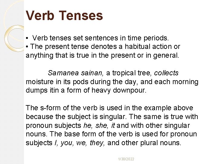 Verb Tenses • Verb tenses set sentences in time periods. • The present tense