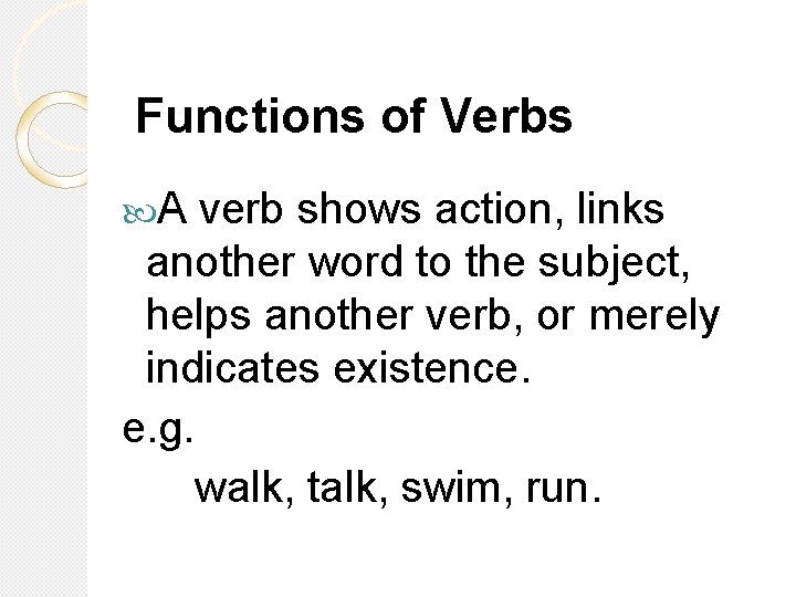 Functions of Verbs A verb shows action, links another word to the subject, helps