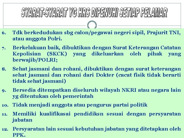 6. Tdk berkedudukan sbg calon/pegawai negeri sipil, Prajurit TNI, atau anggota Polri. 7. Berkelakuan