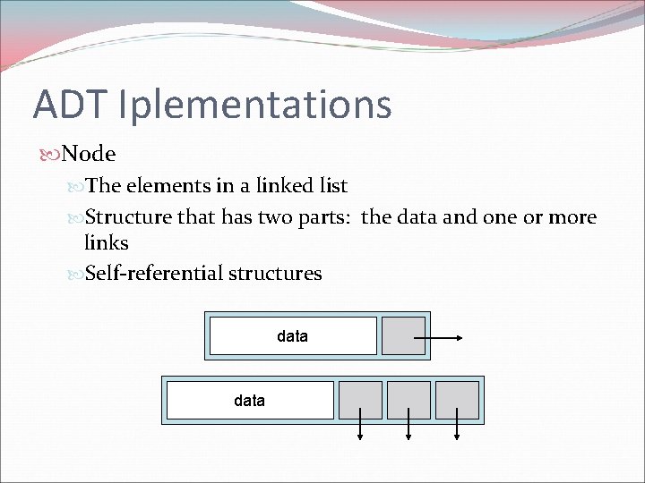 ADT Iplementations Node The elements in a linked list Structure that has two parts: ADT Iplementations Node The elements in a linked list Structure that has two parts: