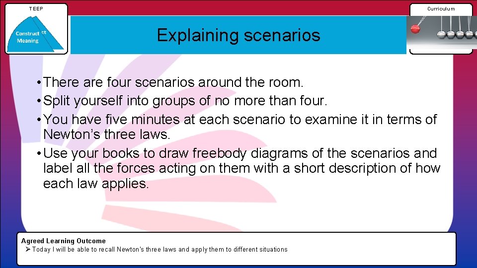TEEP Curriculum Explaining scenarios • There are four scenarios around the room. • Split