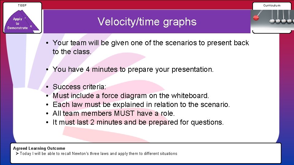 TEEP Curriculum Velocity/time graphs • Your team will be given one of the scenarios