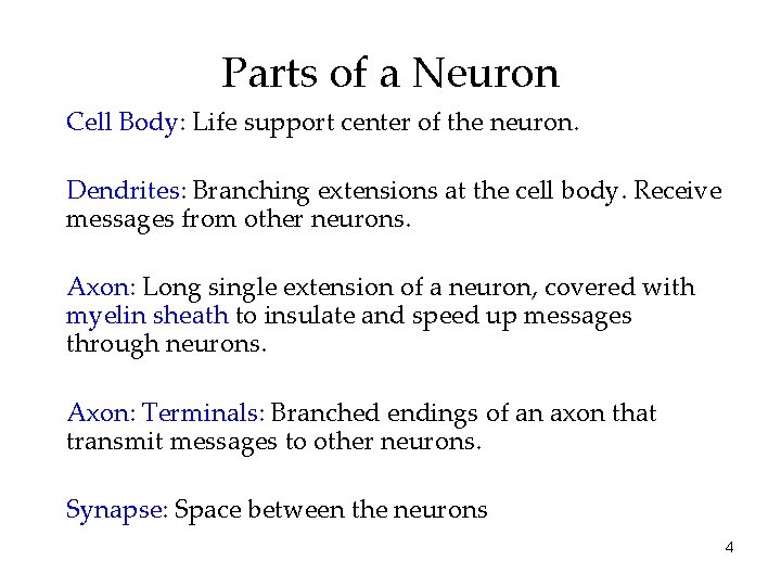Parts of a Neuron Cell Body: Life support center of the neuron. Dendrites: Branching