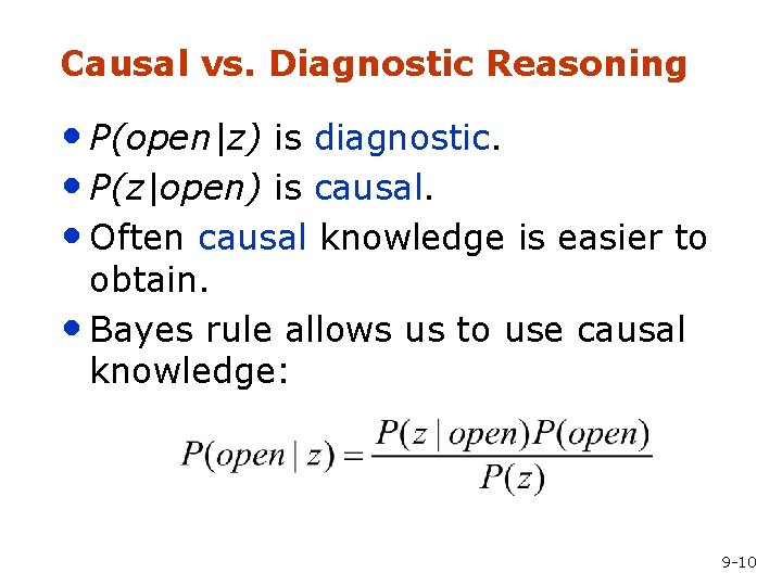 Causal vs. Diagnostic Reasoning • P(open|z) is diagnostic. • P(z|open) is causal. • Often