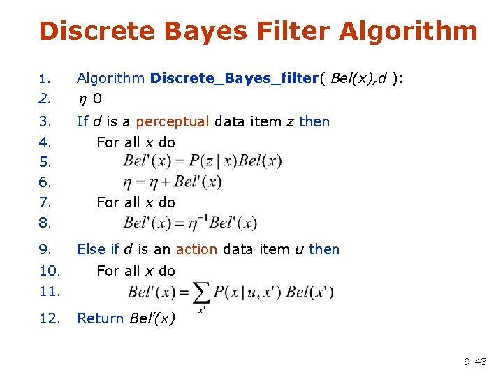 Discrete Bayes Filter Algorithm 1. 2. Algorithm Discrete_Bayes_filter( Bel(x), d ): h=0 3. 4.