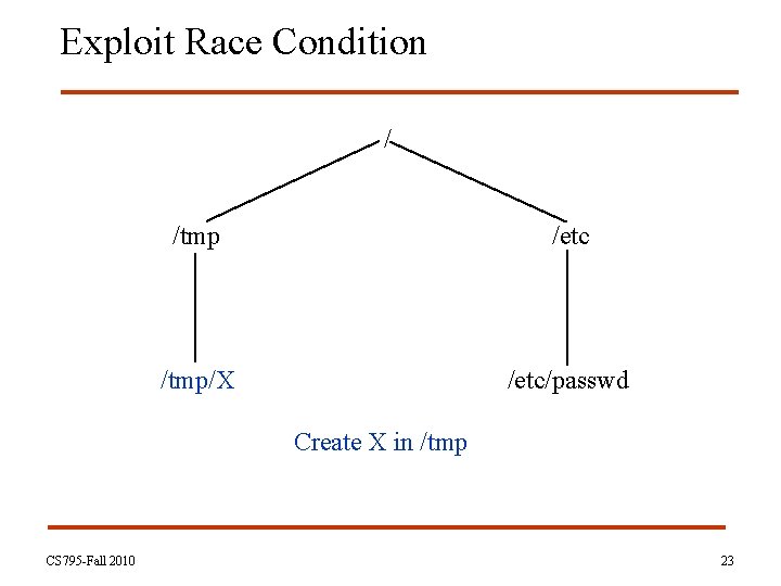 Exploit Race Condition / /tmp /etc /tmp/X /etc/passwd Create X in /tmp CS 795