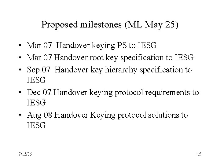 Proposed milestones (ML May 25) • Mar 07 Handover keying PS to IESG •