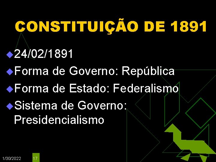 CONSTITUIÇÃO DE 1891 u 24/02/1891 u. Forma de Governo: República u. Forma de Estado: