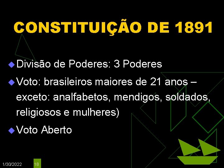 CONSTITUIÇÃO DE 1891 u Divisão de Poderes: 3 Poderes u Voto: brasileiros maiores de