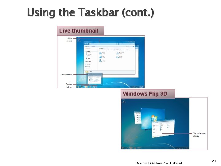 Using the Taskbar (cont. ) Live thumbnail Windows Flip 3 D Microsoft Windows 7