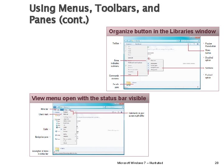 Using Menus, Toolbars, and Panes (cont. ) Organize button in the Libraries window View