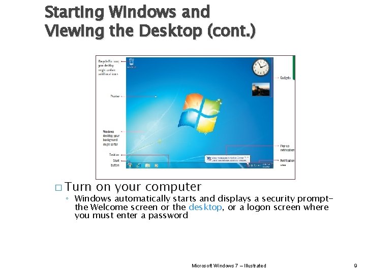 Starting Windows and Viewing the Desktop (cont. ) � Turn on your computer ◦