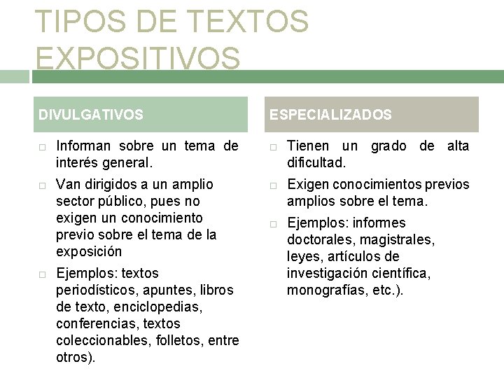 TIPOS DE TEXTOS EXPOSITIVOS DIVULGATIVOS Informan sobre un tema de interés general. Van dirigidos