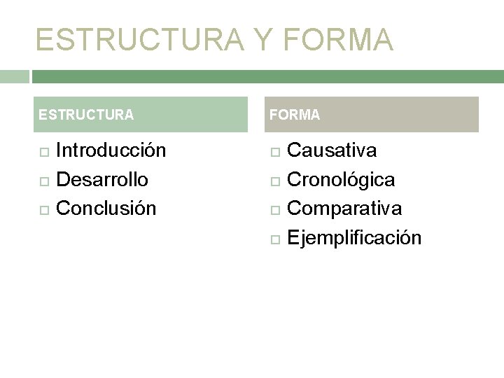 ESTRUCTURA Y FORMA ESTRUCTURA Introducción Desarrollo Conclusión FORMA Causativa Cronológica Comparativa Ejemplificación 