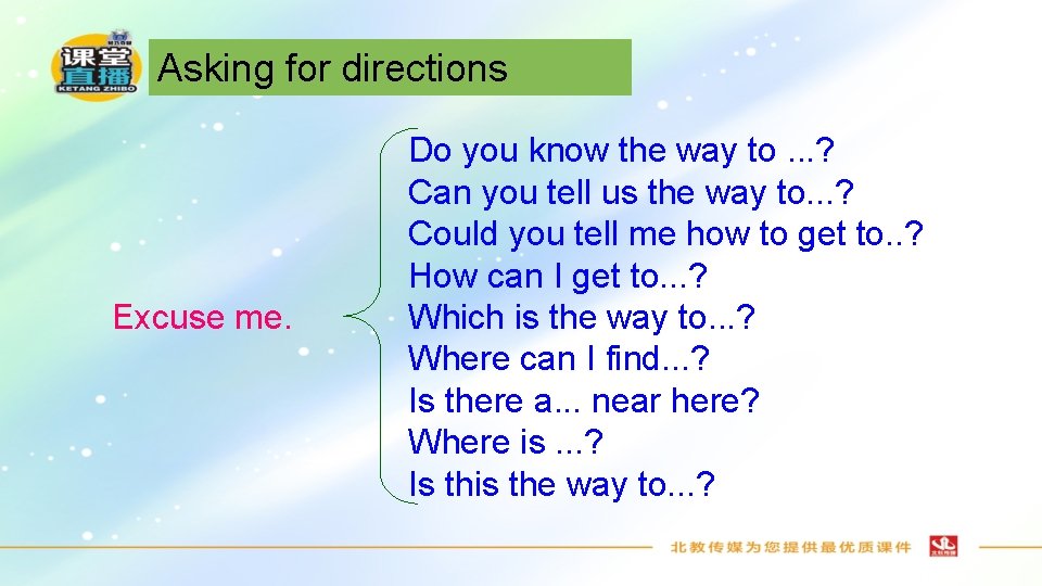 Asking for directions Excuse me. Do you know the way to. . . ?
