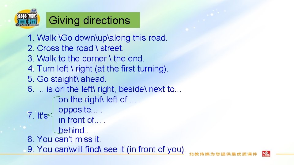 Giving directions 1. Walk Go downupalong this road. 2. Cross the road  street.