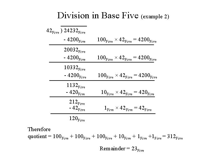 Division in Base Five (example 2) 42 Five ) 24232 Five - 4200 Five
