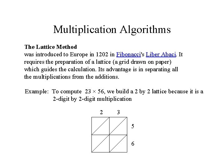 Multiplication Algorithms The Lattice Method was introduced to Europe in 1202 in Fibonacci's Liber