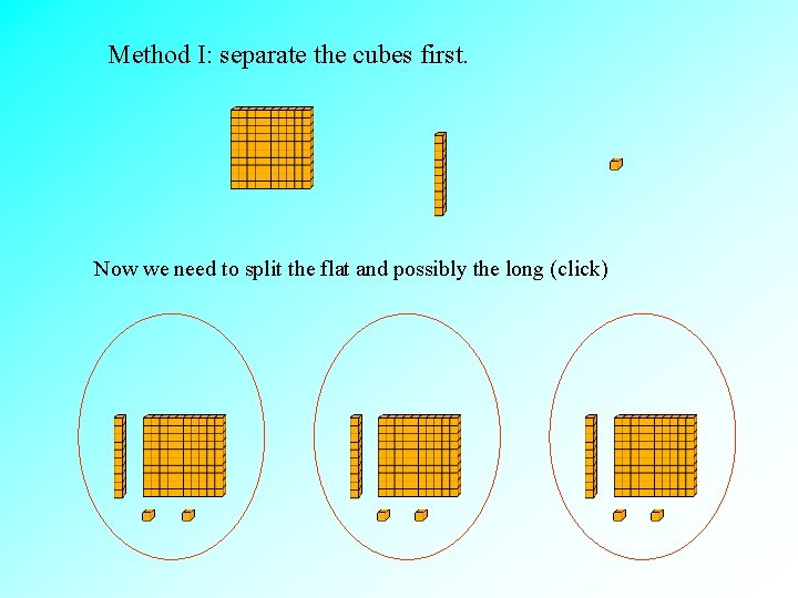 Method I: separate the cubes first. Now we need to split the flat and
