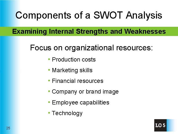 Components of a SWOT Analysis Examining Internal Strengths and Weaknesses Focus on organizational resources: