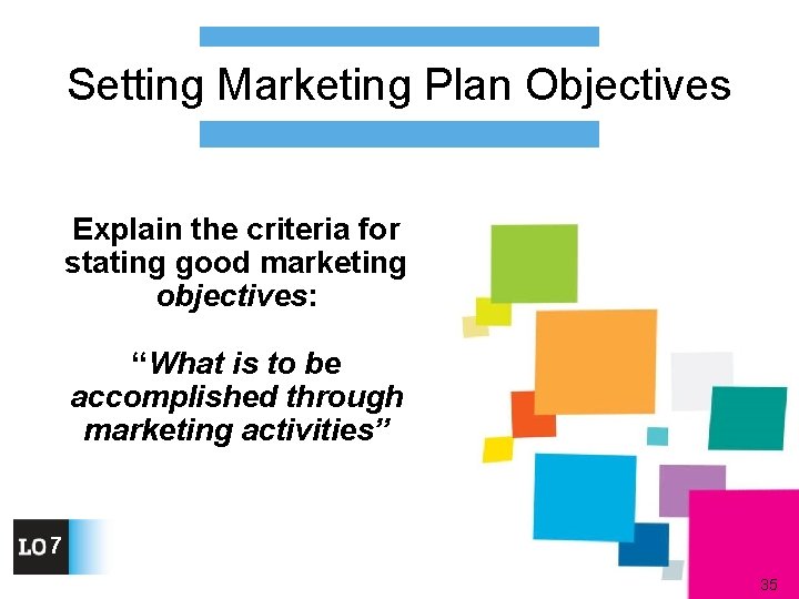 Setting Marketing Plan Objectives Explain the criteria for stating good marketing objectives: “What is