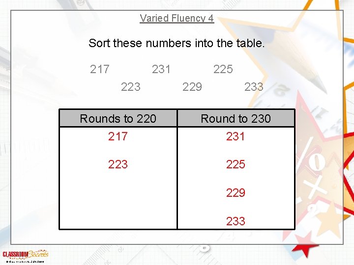Varied Fluency 4 Sort these numbers into the table. 217 231 223 225 229