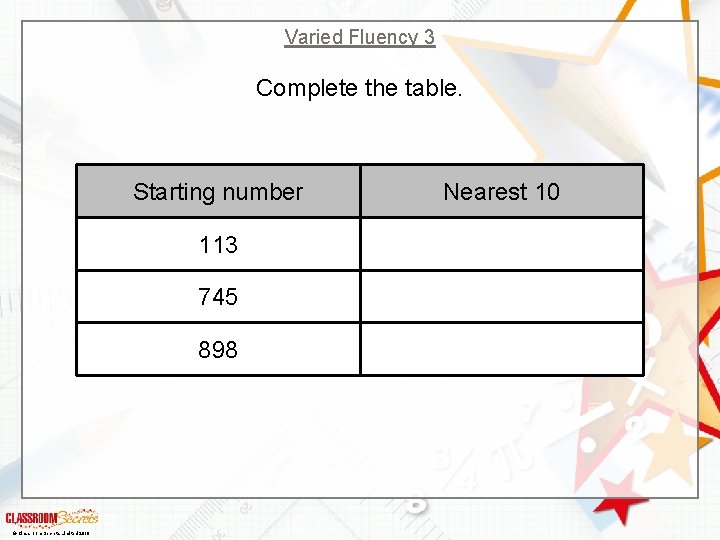 Varied Fluency 3 Complete the table. Starting number 113 745 898 © Classroom Secrets