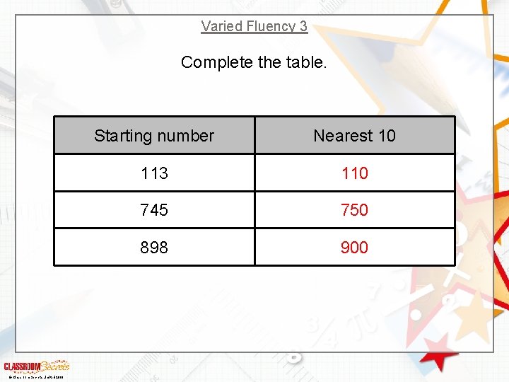 Varied Fluency 3 Complete the table. © Classroom Secrets Limited 2018 Starting number Nearest
