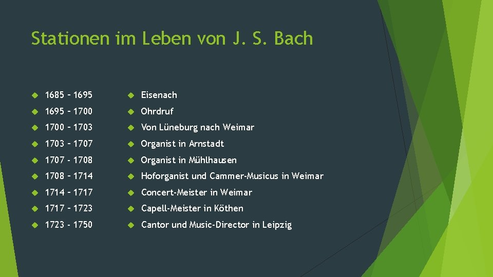 Stationen im Leben von J. S. Bach 1685 – 1695 Eisenach 1695 – 1700