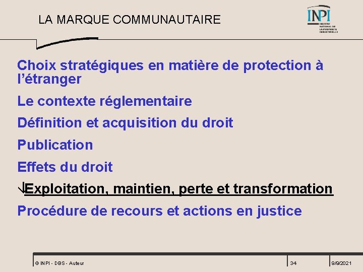 LA MARQUE COMMUNAUTAIRE Choix stratégiques en matière de protection à l’étranger Le contexte réglementaire