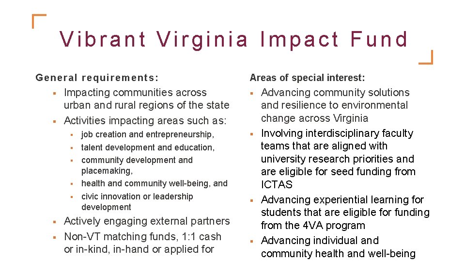 Vibrant Virginia Impact Fund General requi rem ents: § § Impacting communities across urban