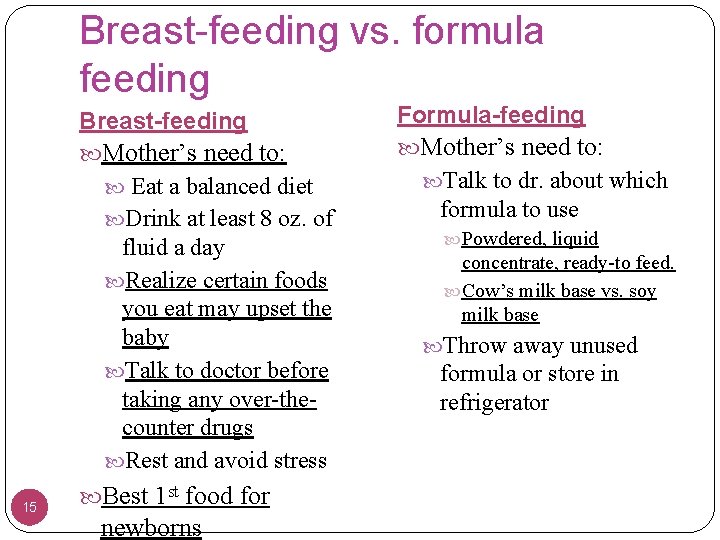Breast-feeding vs. formula feeding Breast-feeding Mother’s need to: Eat a balanced diet Drink at
