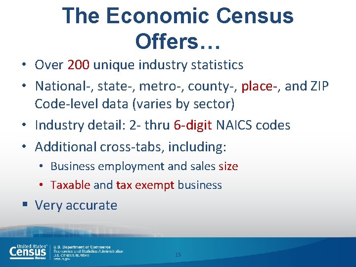 The Economic Census Offers… • Over 200 unique industry statistics • National-, state-, metro-,