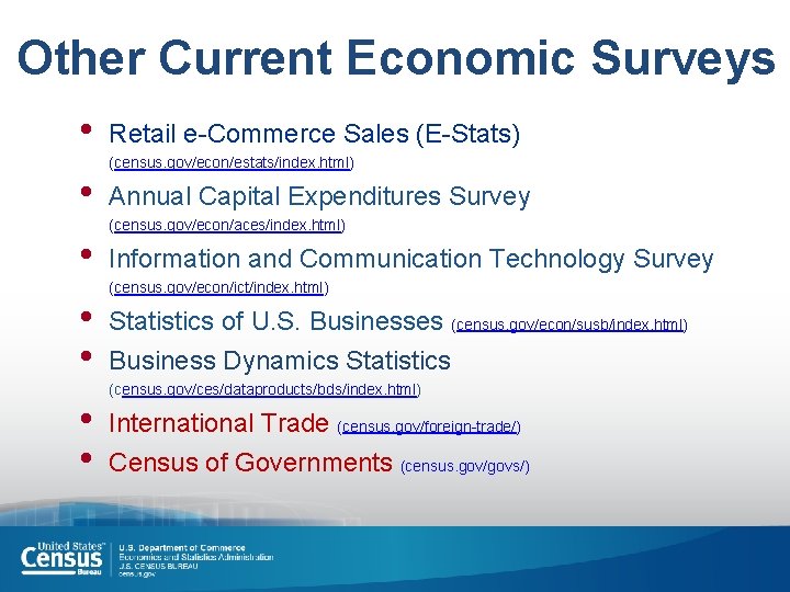 Other Current Economic Surveys • • Retail e-Commerce Sales (E-Stats) (census. gov/econ/estats/index. html) Annual